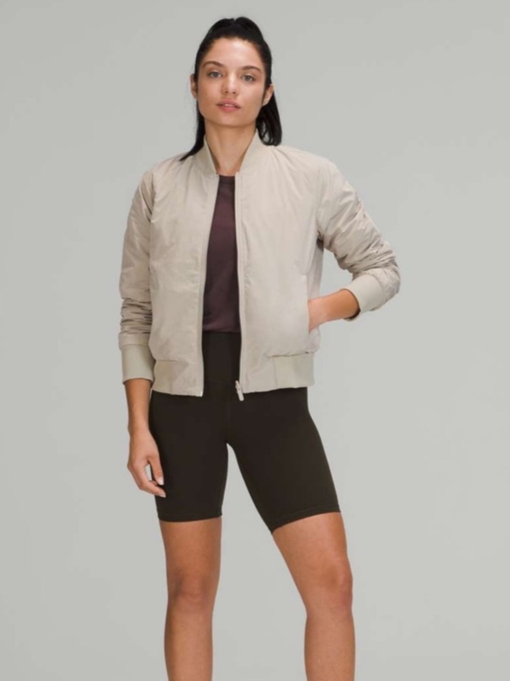 Lululemon Non Stop Bomber Jacket Beige Zip Up Sporty Casual Minimalist